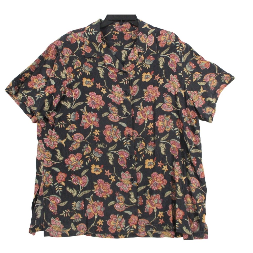Womens Floral Paisley Short Sleeve Button Down Shirt Black Red Orange XL